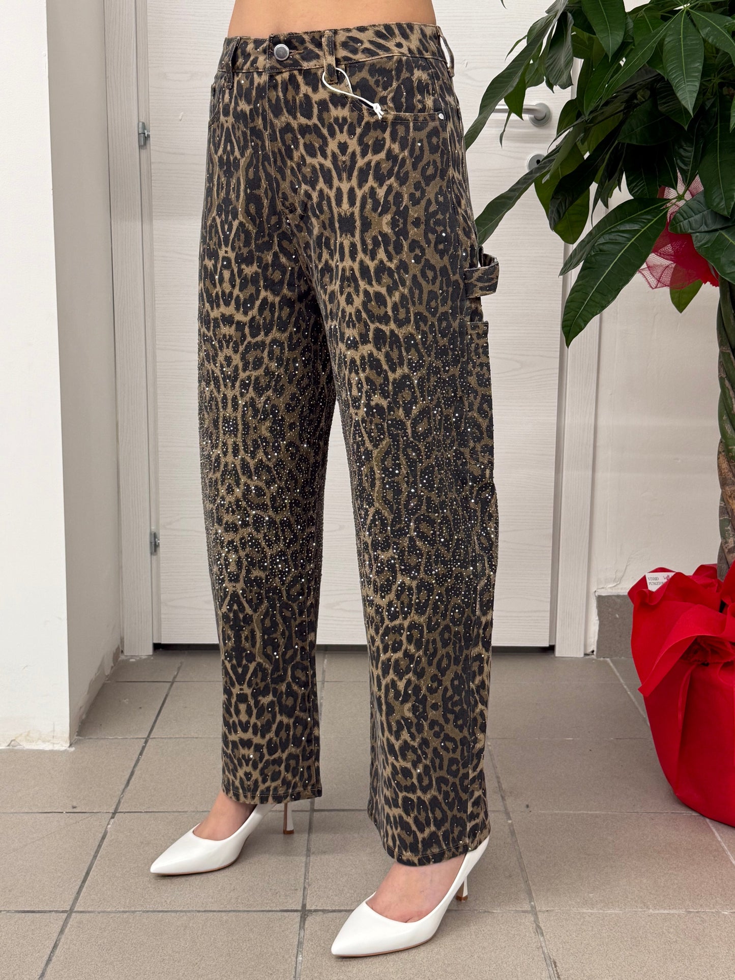 Jeans wide leg brillantinato leopardato FGD MODA