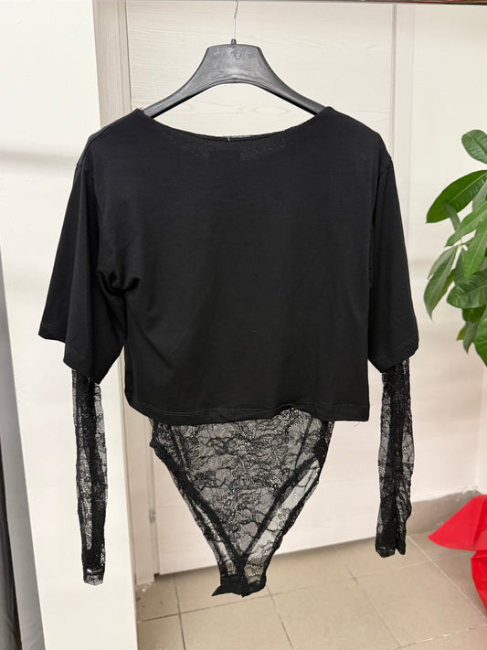 Body tinta unita con maniche in pizzo FGD MODA