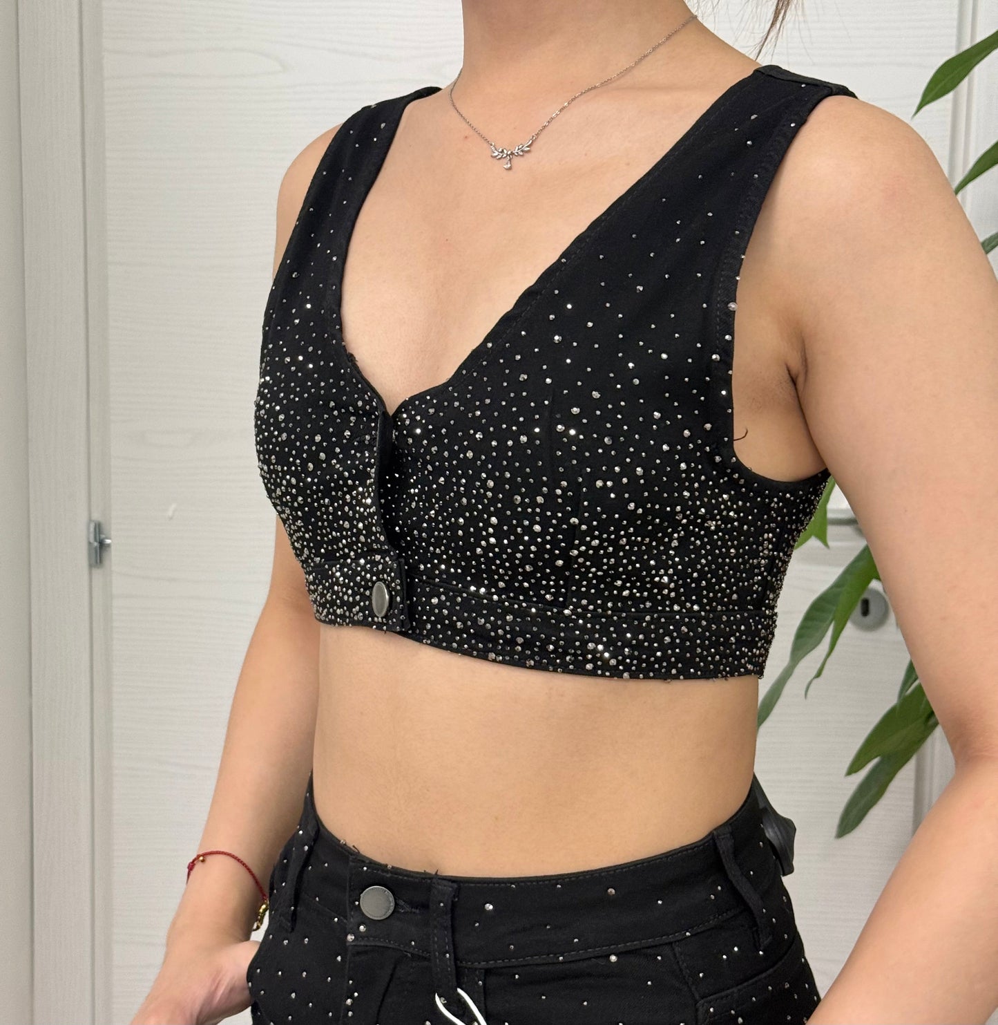 Top Denim a bretelle con brillantini FGD MODA