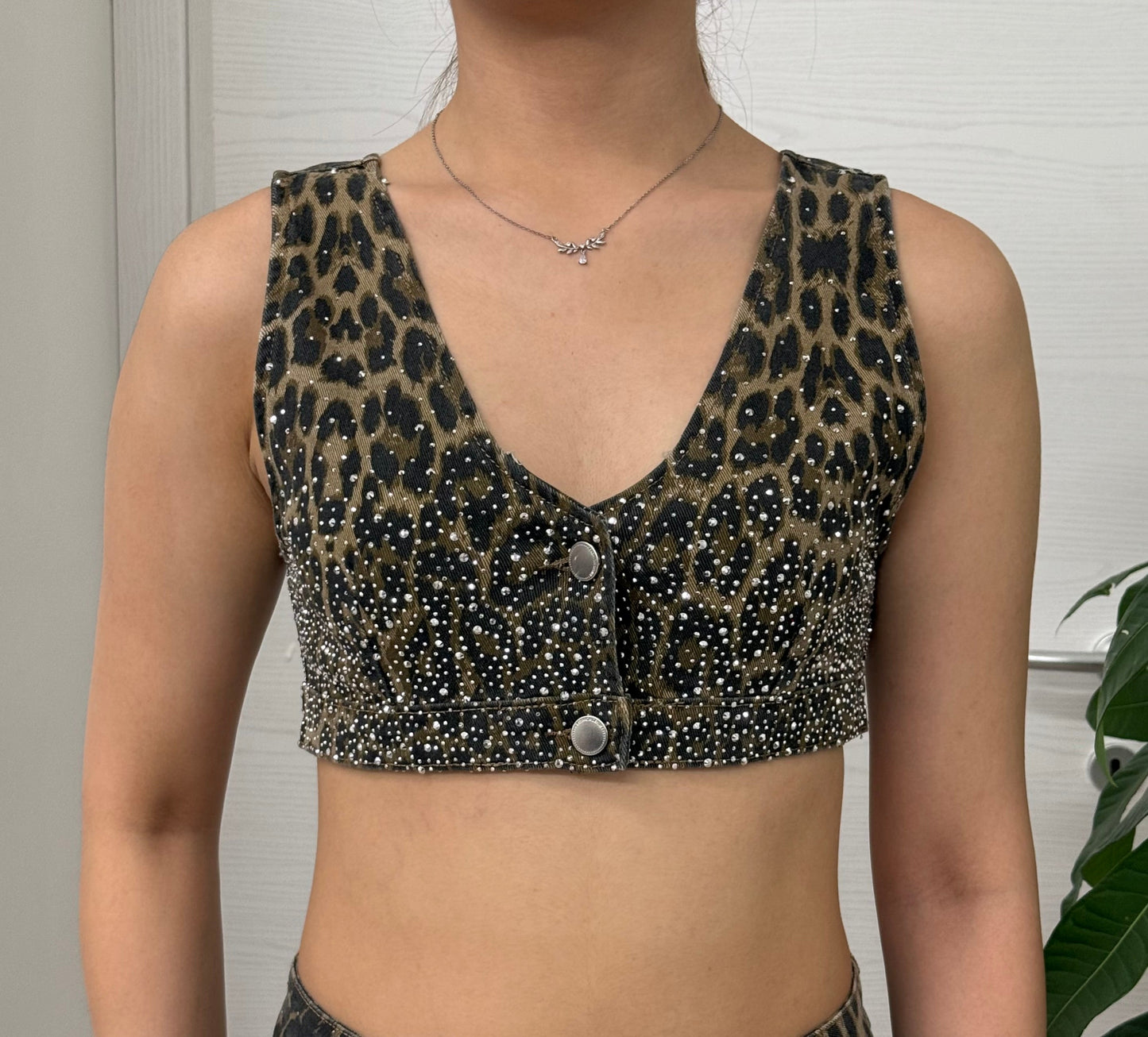 Top Denim a bretelle con brillantini FGD MODA