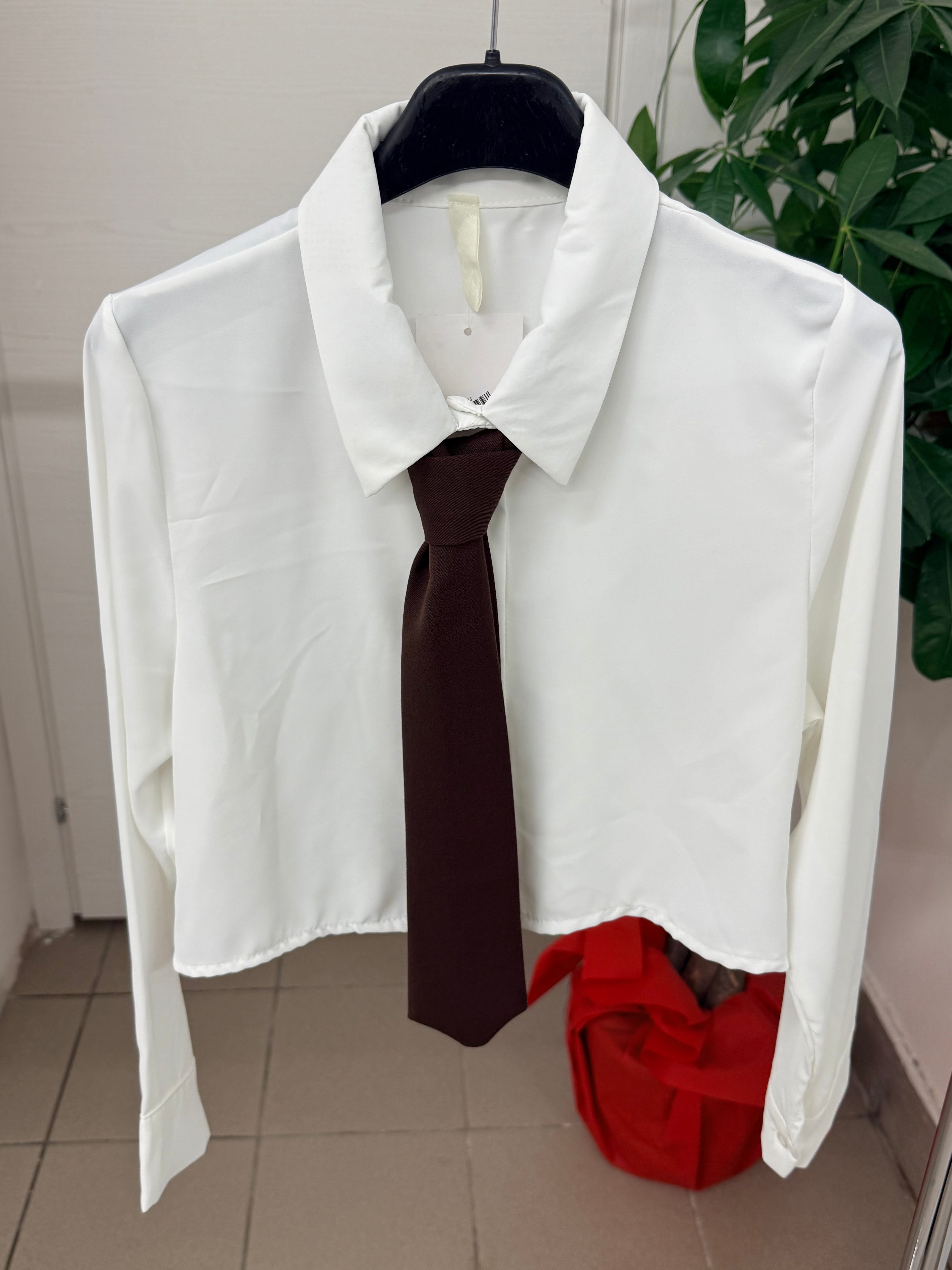 Camicia crop con cravatta tinta unita FGD MODA