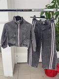 Set Coordinato Denim Giacca E Jeans Balloon Con Strisce Laterali FGD MODA