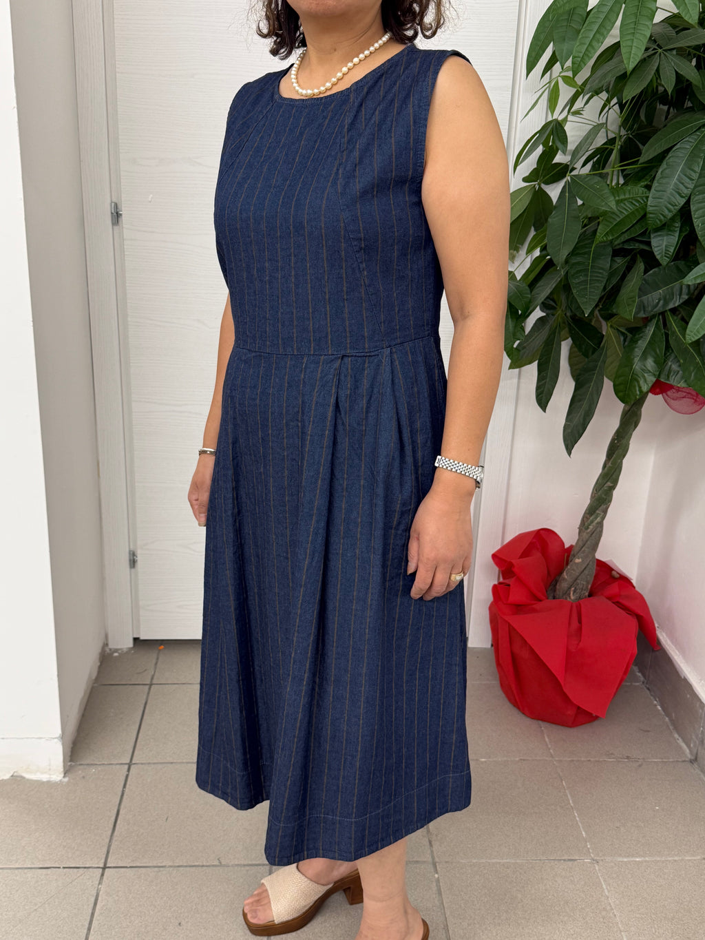 Abito lungo in cotone effetto denim a righe FGD MODA