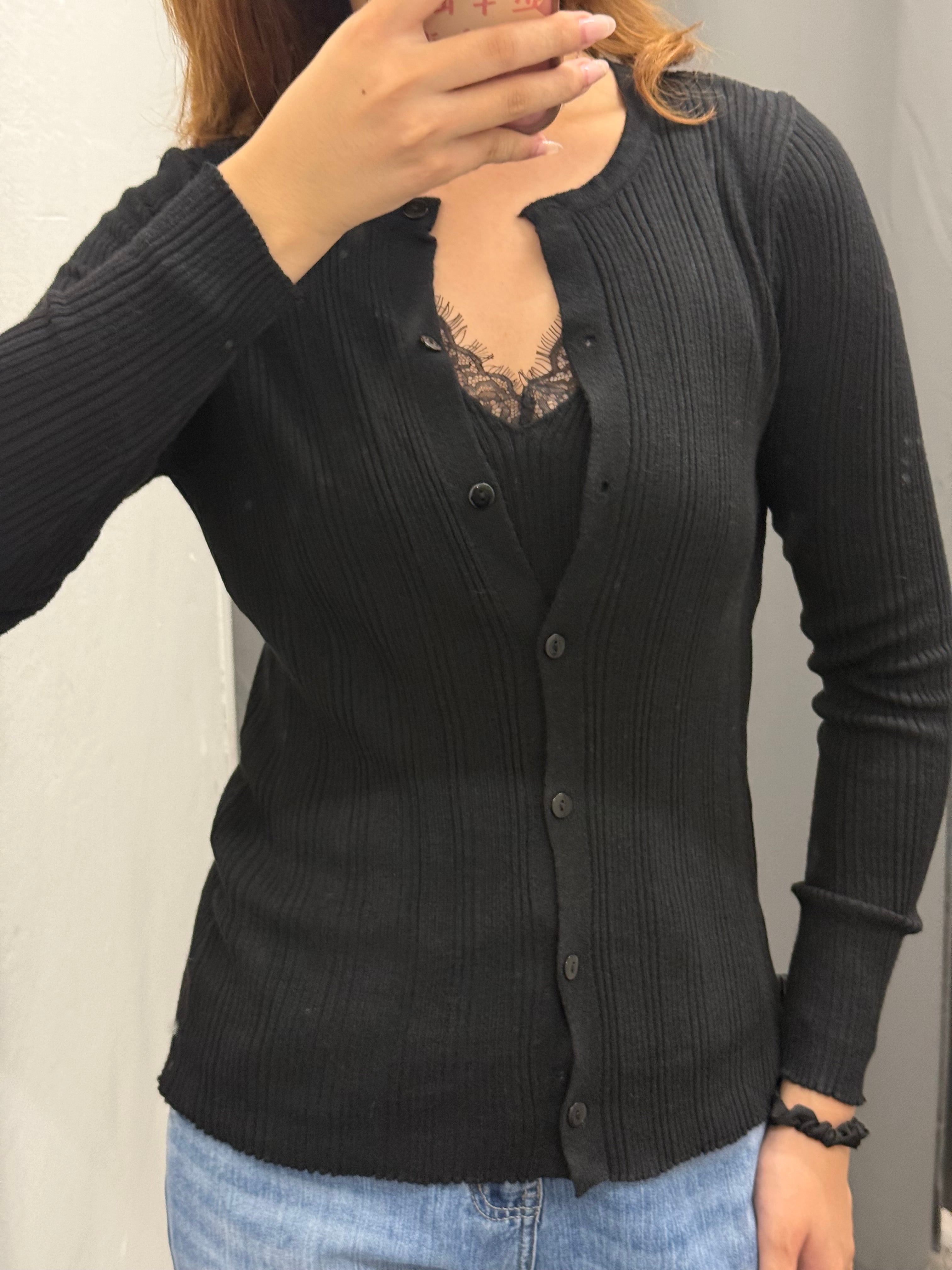 Cardigan Misto Canotta A Costine Con Scollo In Pizzo FGD MODA