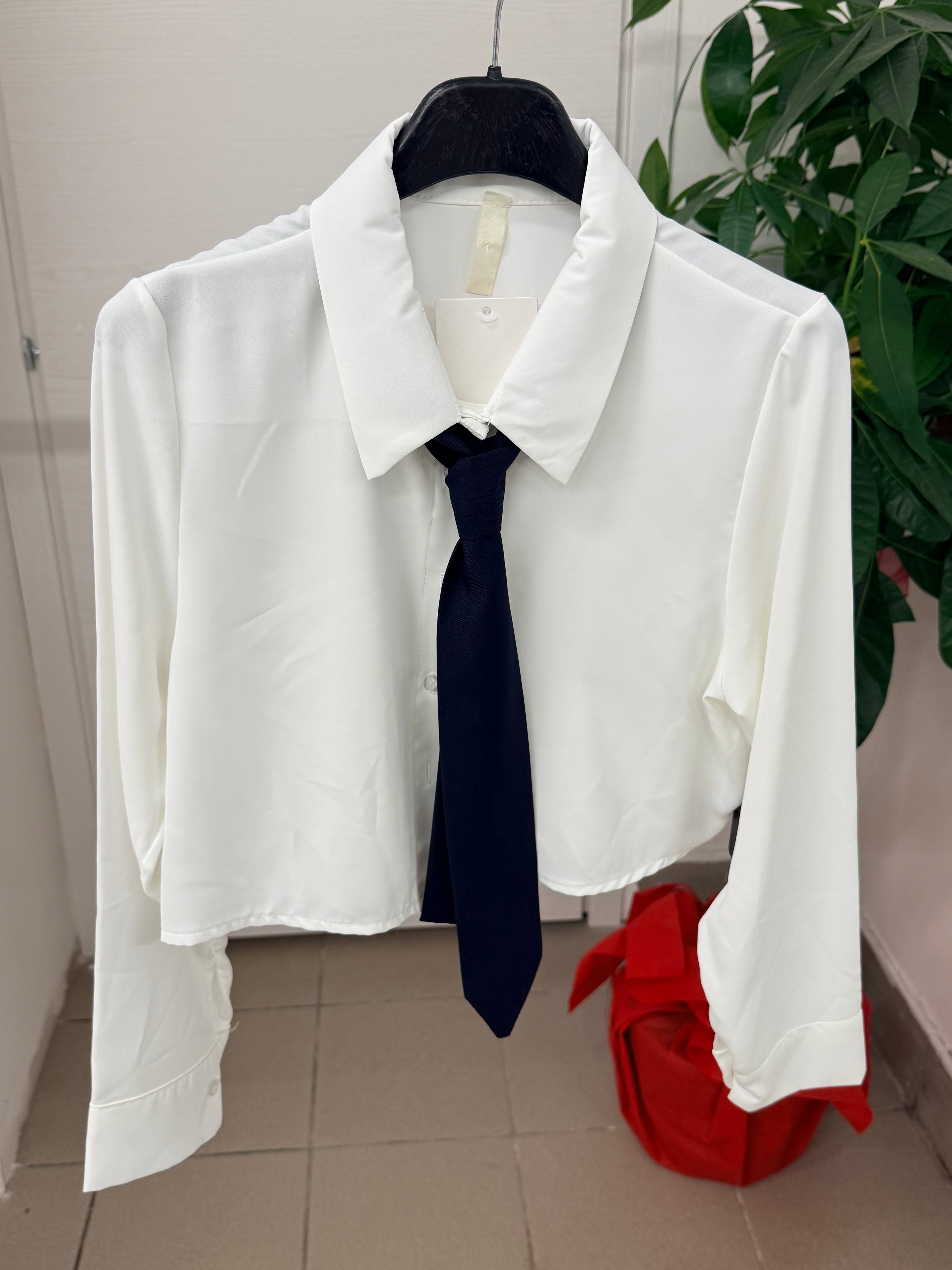Camicia crop con cravatta tinta unita FGD MODA