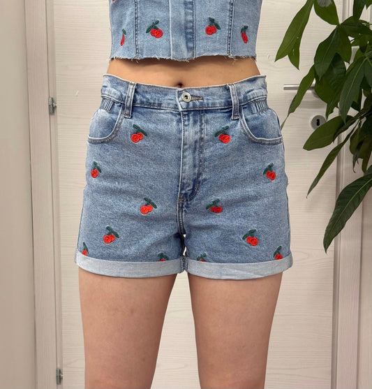 Pantaloncini Denim con ciliegie FGD MODA