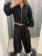 Set Coordinato In Velluto Giacca Bomber E Pantaloni Balloon Con Strisce Laterali FGD MODA