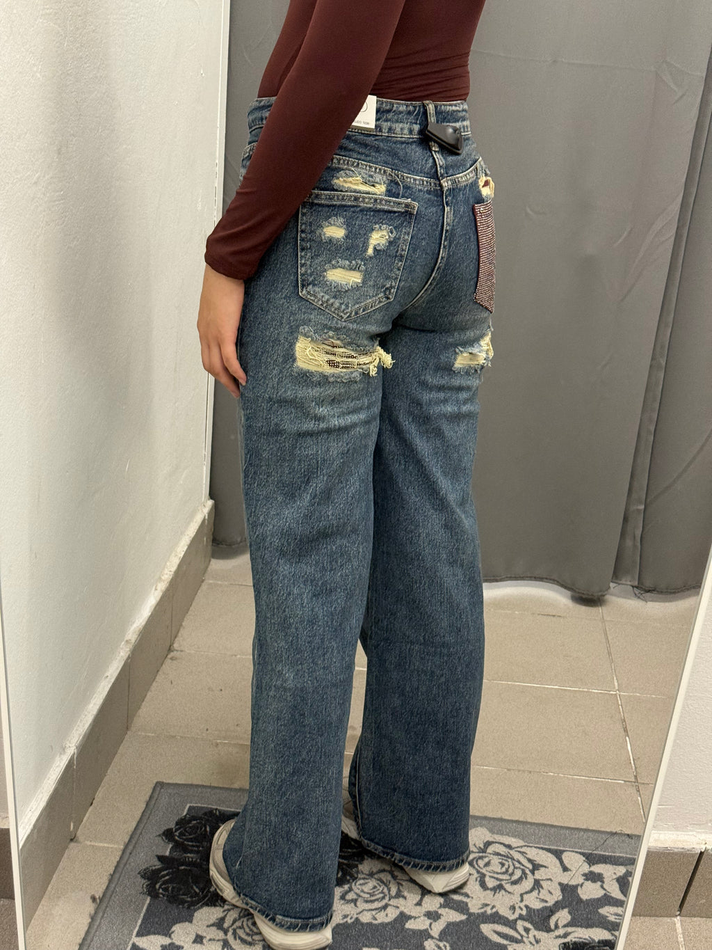 Jeans A Palazzo Con Taschino E Strappo Brillantinato Bordeaux YW-1969 FGD MODA