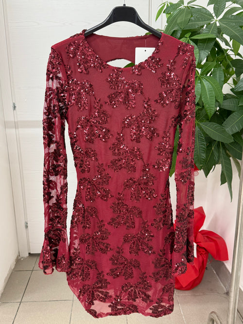 Abito corto a maniche lunghe semitrasparenti con paillettes e spacco sul retro FGD MODA