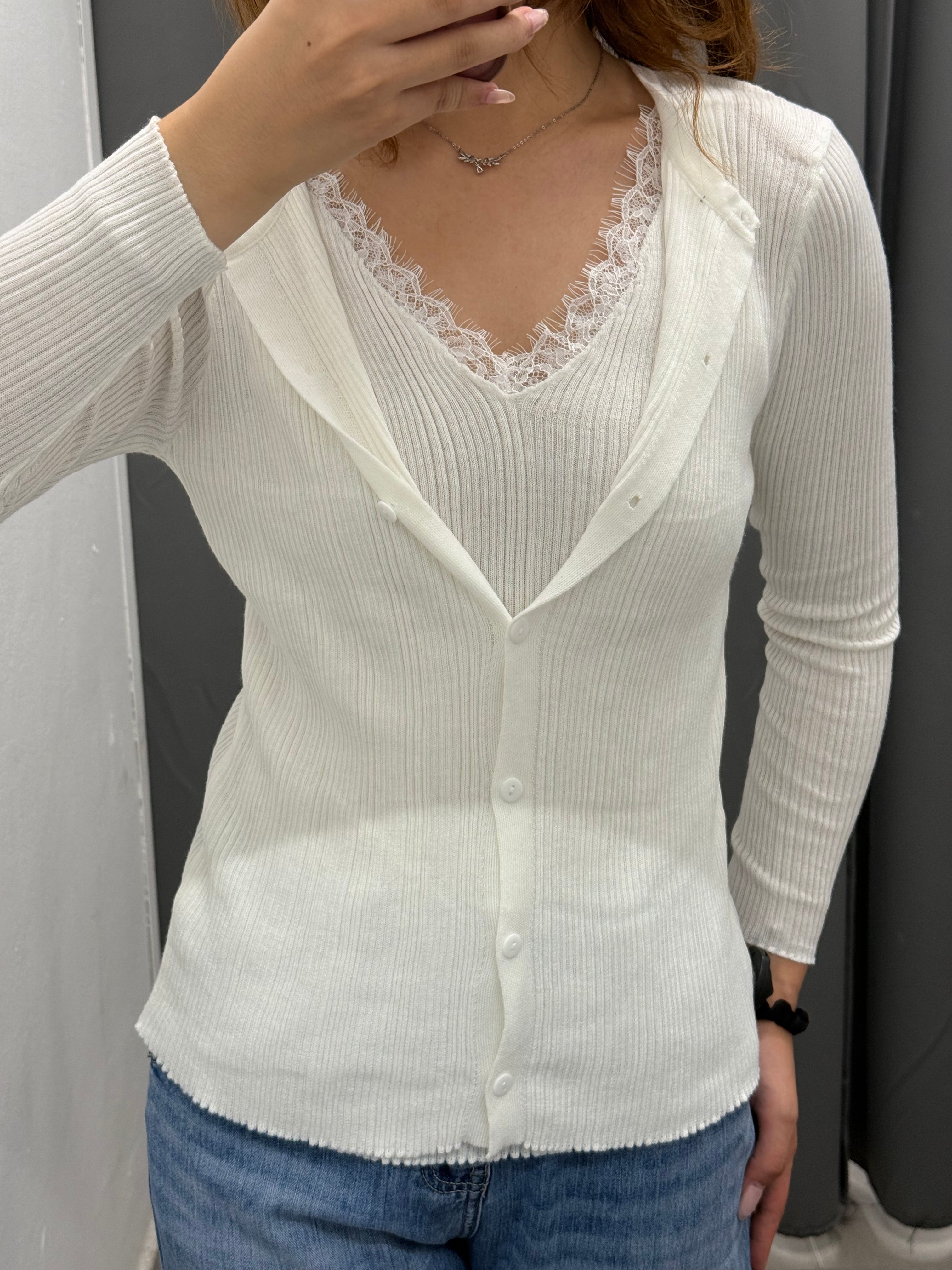 Cardigan Misto Canotta A Costine Con Scollo In Pizzo FGD MODA