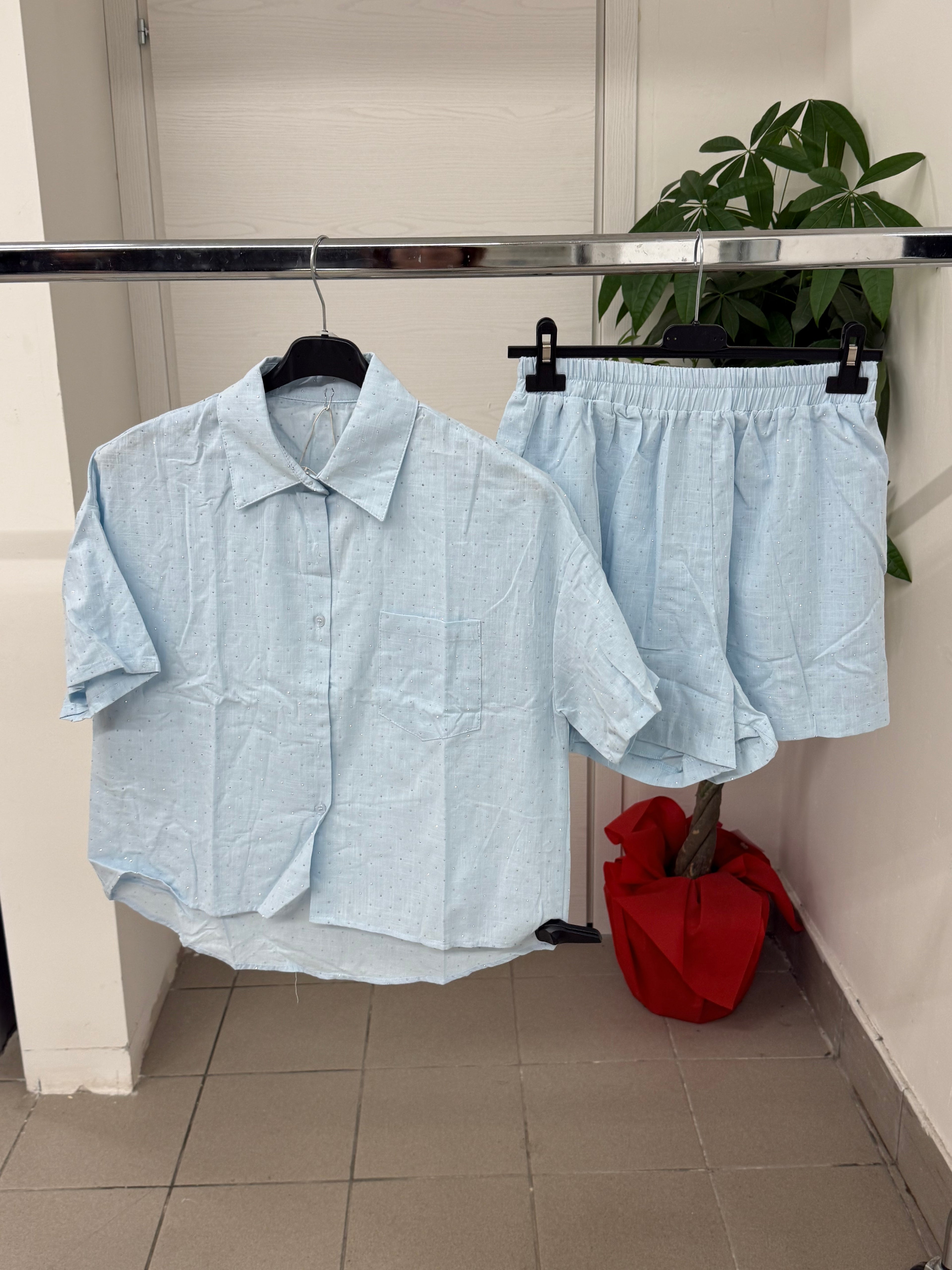 Set coordinato in cotone e lino Camicia e Pantaloncini con brillantini FGD MODA