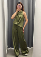 Set coordinato effetto raso Canotta con scollo halter e Pantaloni a palazzo FGD MODA