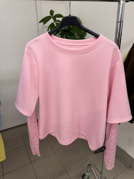 Maglietta tinta unita con maniche in pizzo FGD MODA