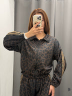 Set Coordinato Leopardato Felpa Con Zip E Pantaloni A Palazzo Con Strisce Laterali FGD MODA