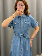 Abito denim lungo con taschini e cinta N3012 FGD MODA
