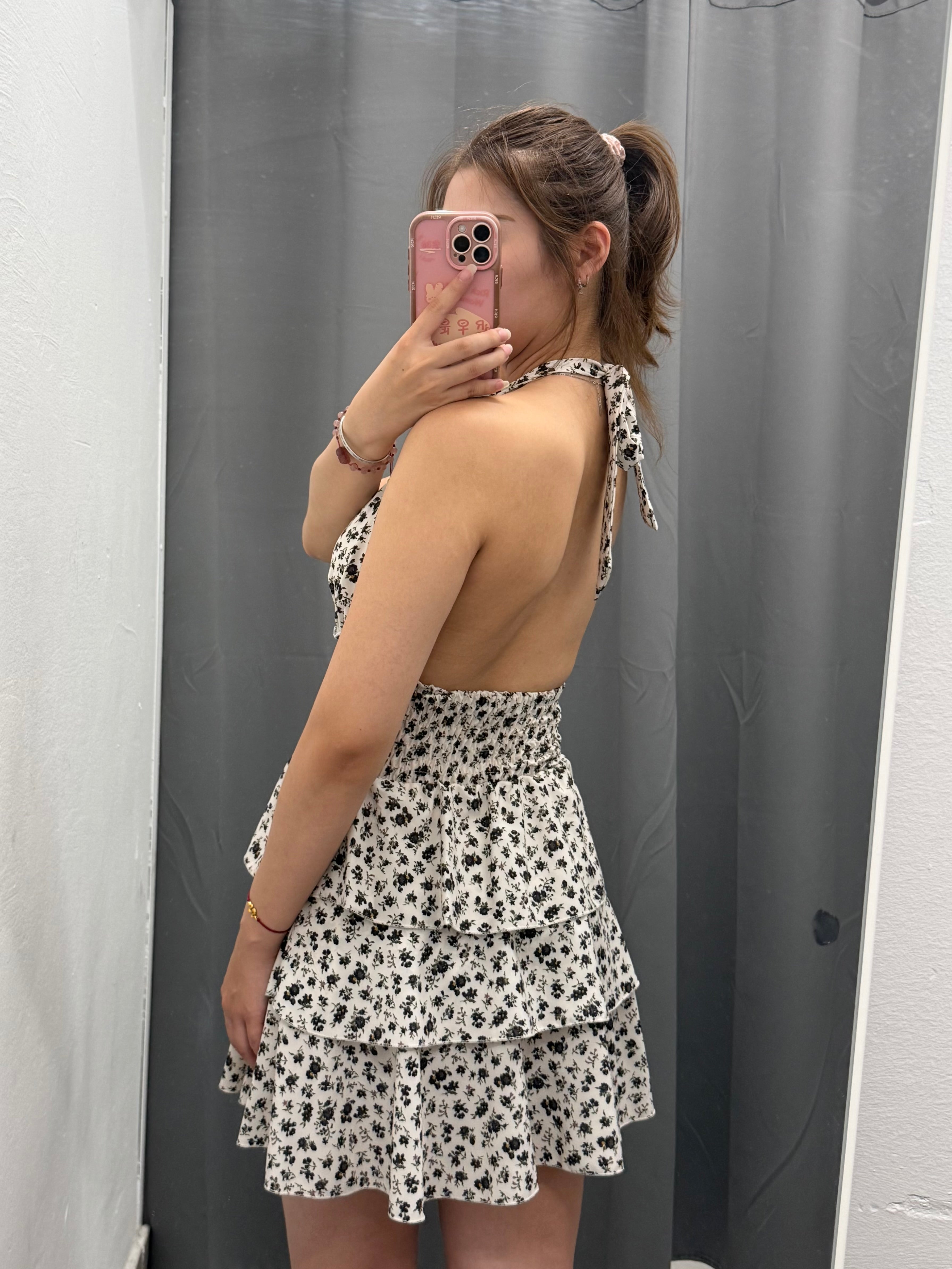 Abito Corto a Balze con Stampe Fiorate con Collo Halter FGD MODA