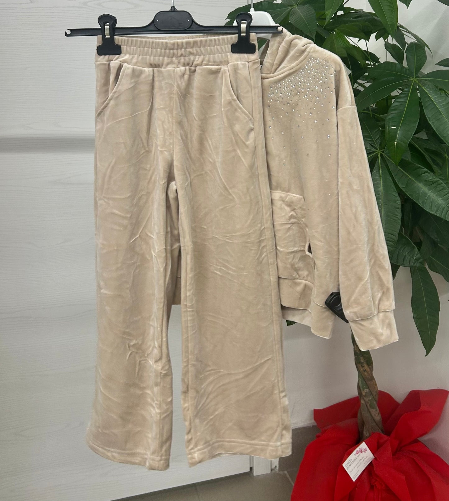 Set coordinato in ciniglia felpa con zip e pantaloni brillantinati