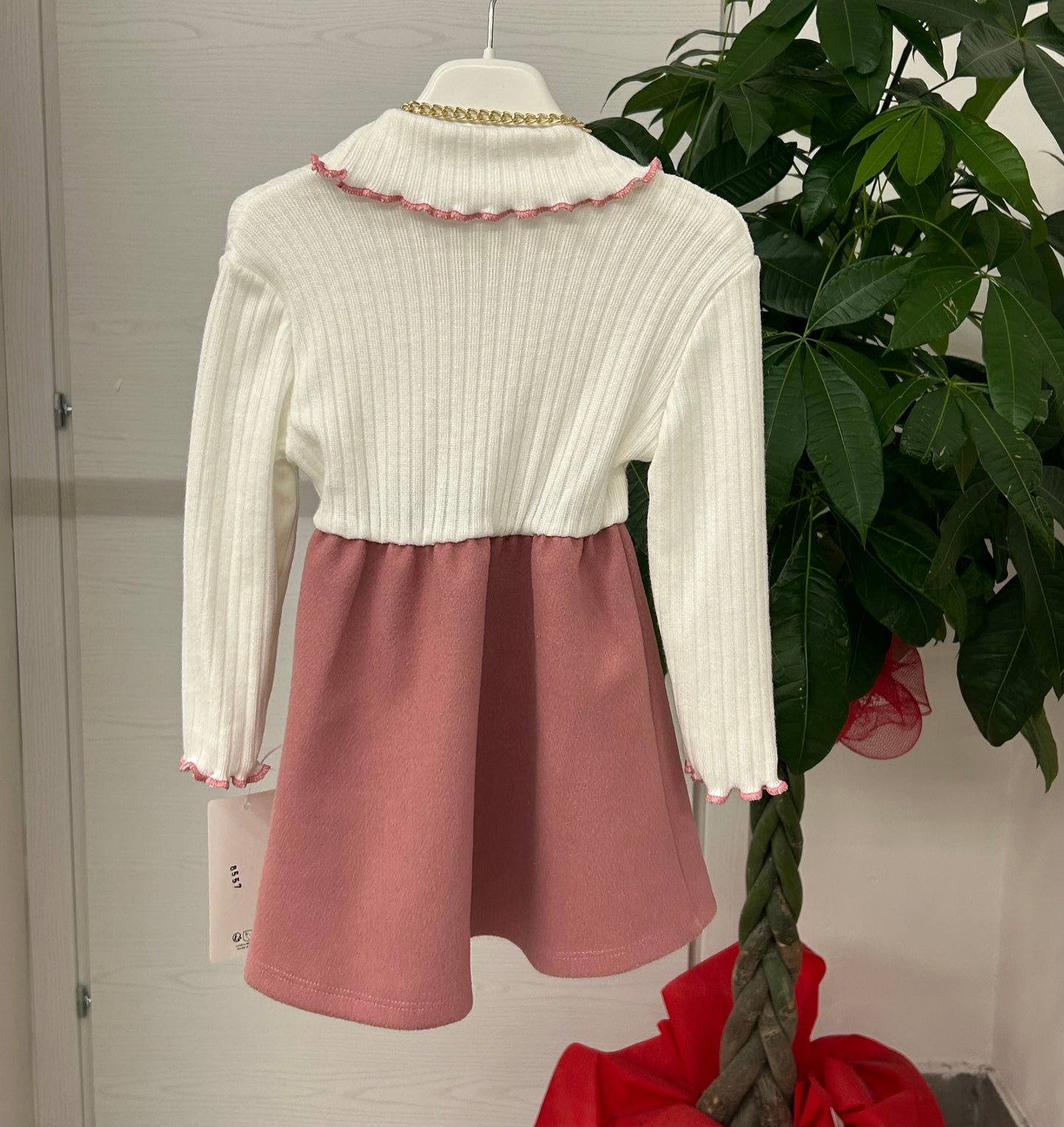 Abito corto a maniche lunghe con fiocco e tracolla FGD MODA