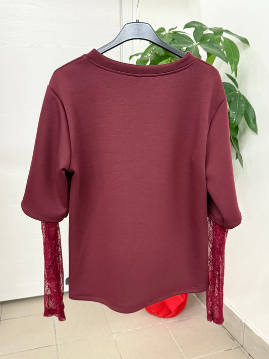 Maglietta tinta unita con maniche in pizzo FGD MODA