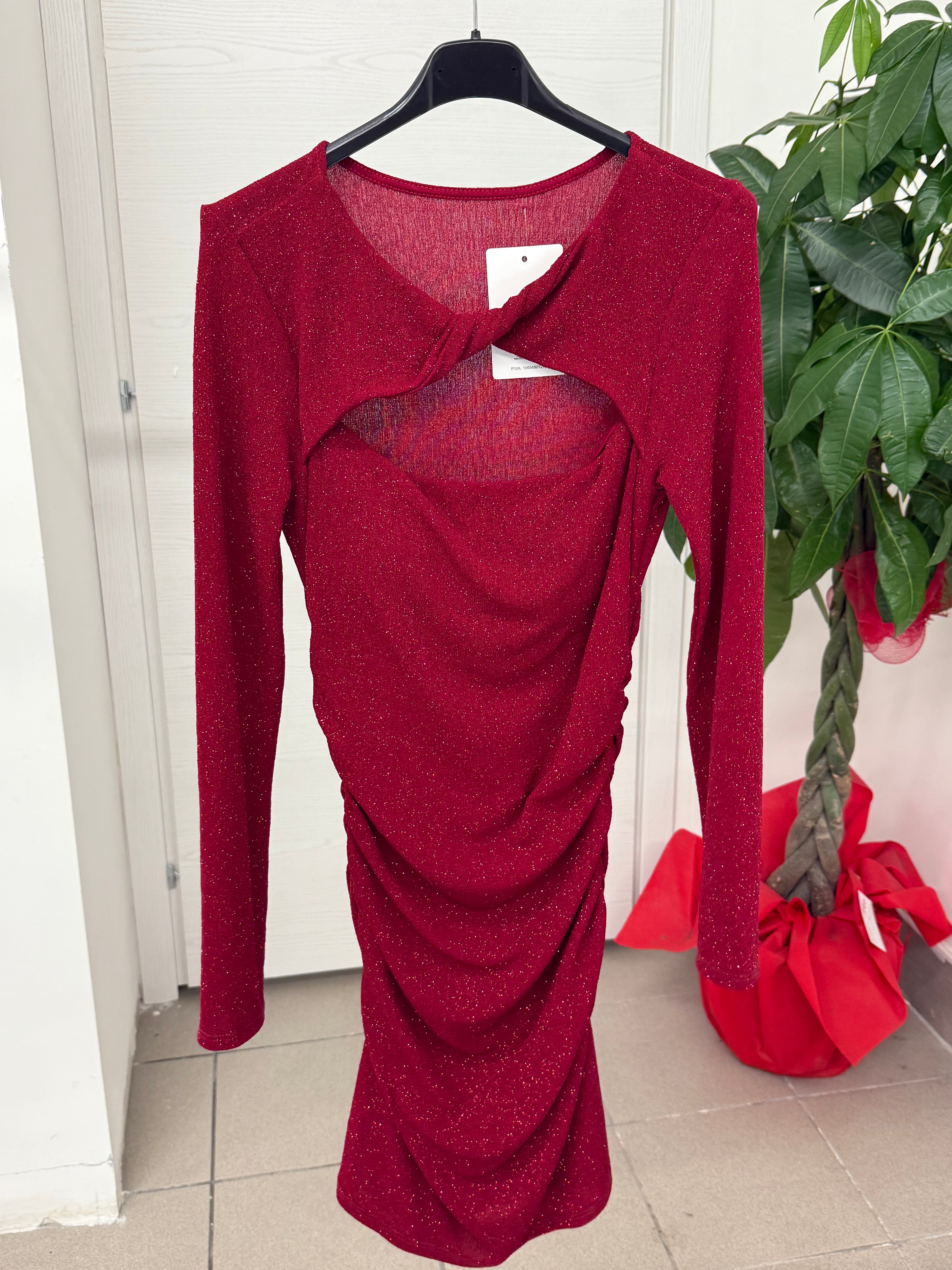 Abito corto a maniche lunghe brillantinato con intreccio sullo scollo FGD MODA