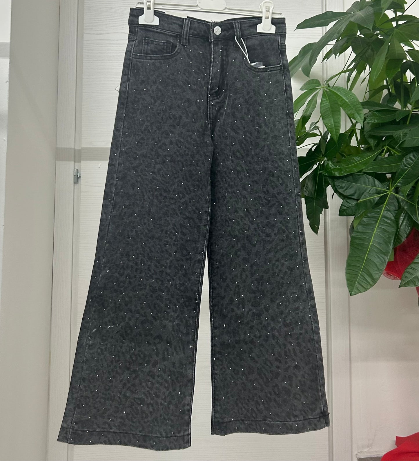 Jeans a palazzo leopardati brillantinati