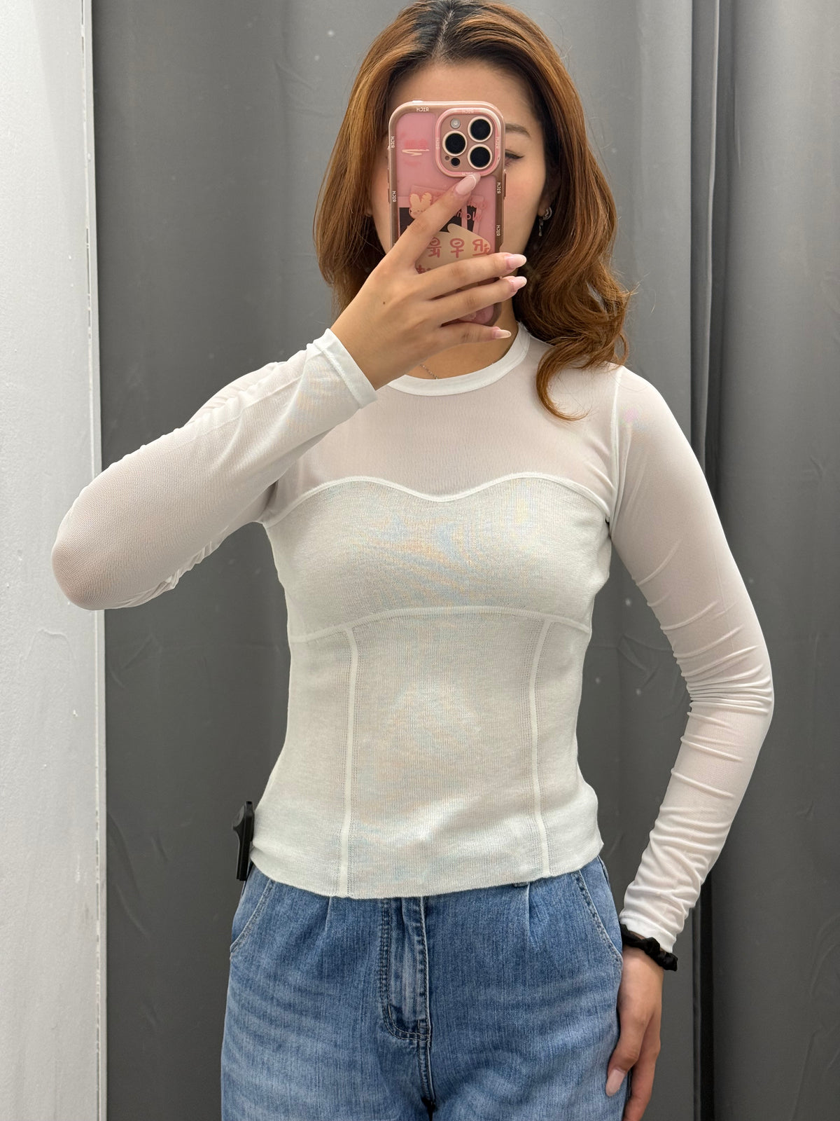 Maglietta a Costine con Scollo e Maniche Semitrasparenti FGD MODA