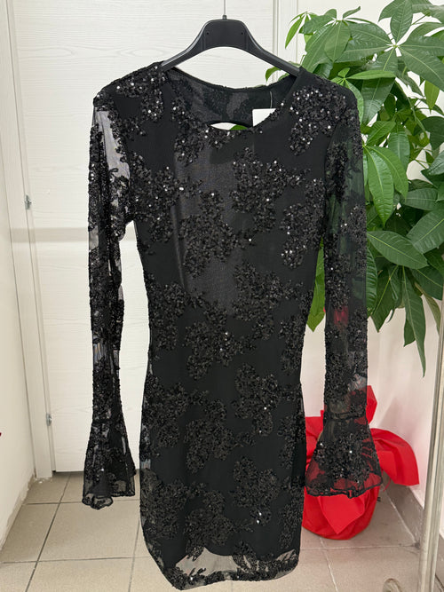 Abito corto a maniche lunghe semitrasparenti con paillettes e spacco sul retro FGD MODA
