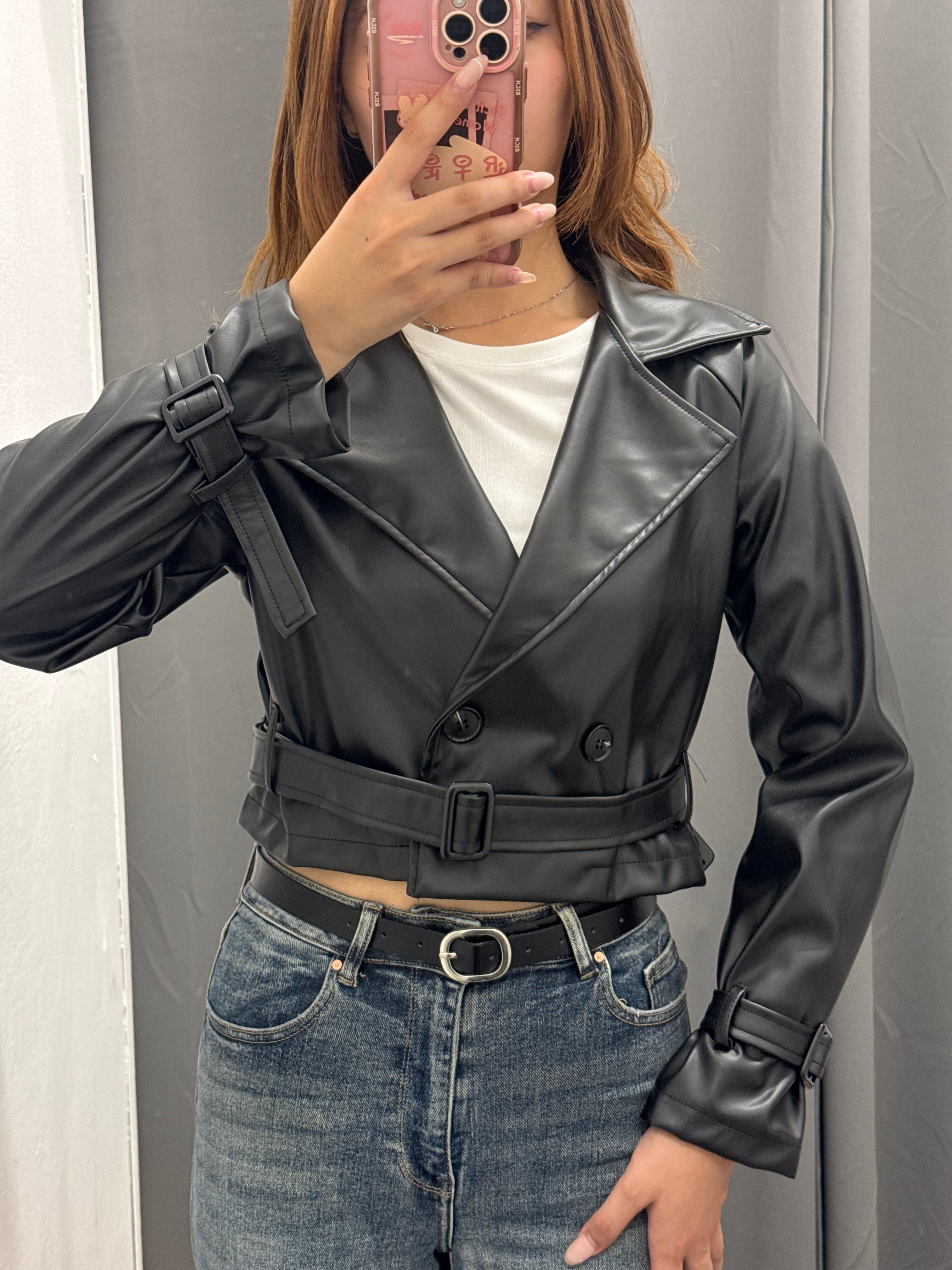 Giacca In Ecopelle Crop Fit Con Cinta FGD MODA