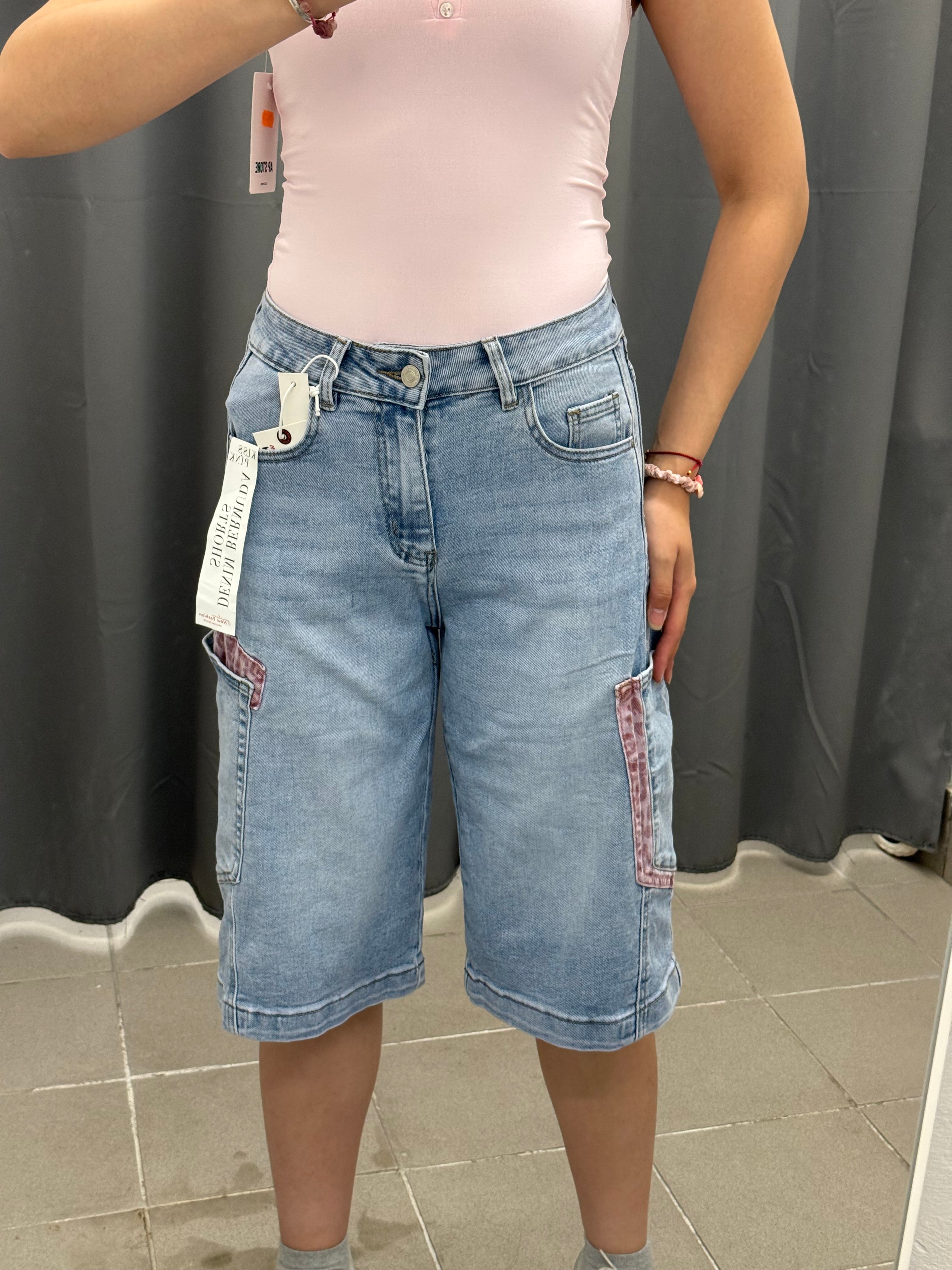 Bermuda Jeans con Taschino e Dettagli Leopardati Rosa M2372 FGD MODA