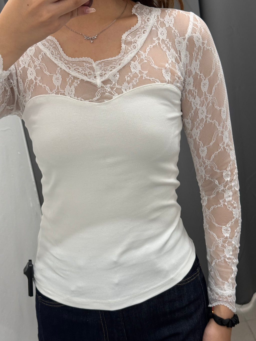 Maglietta A Costine Con Scollo E Maniche In Pizzo FGD MODA