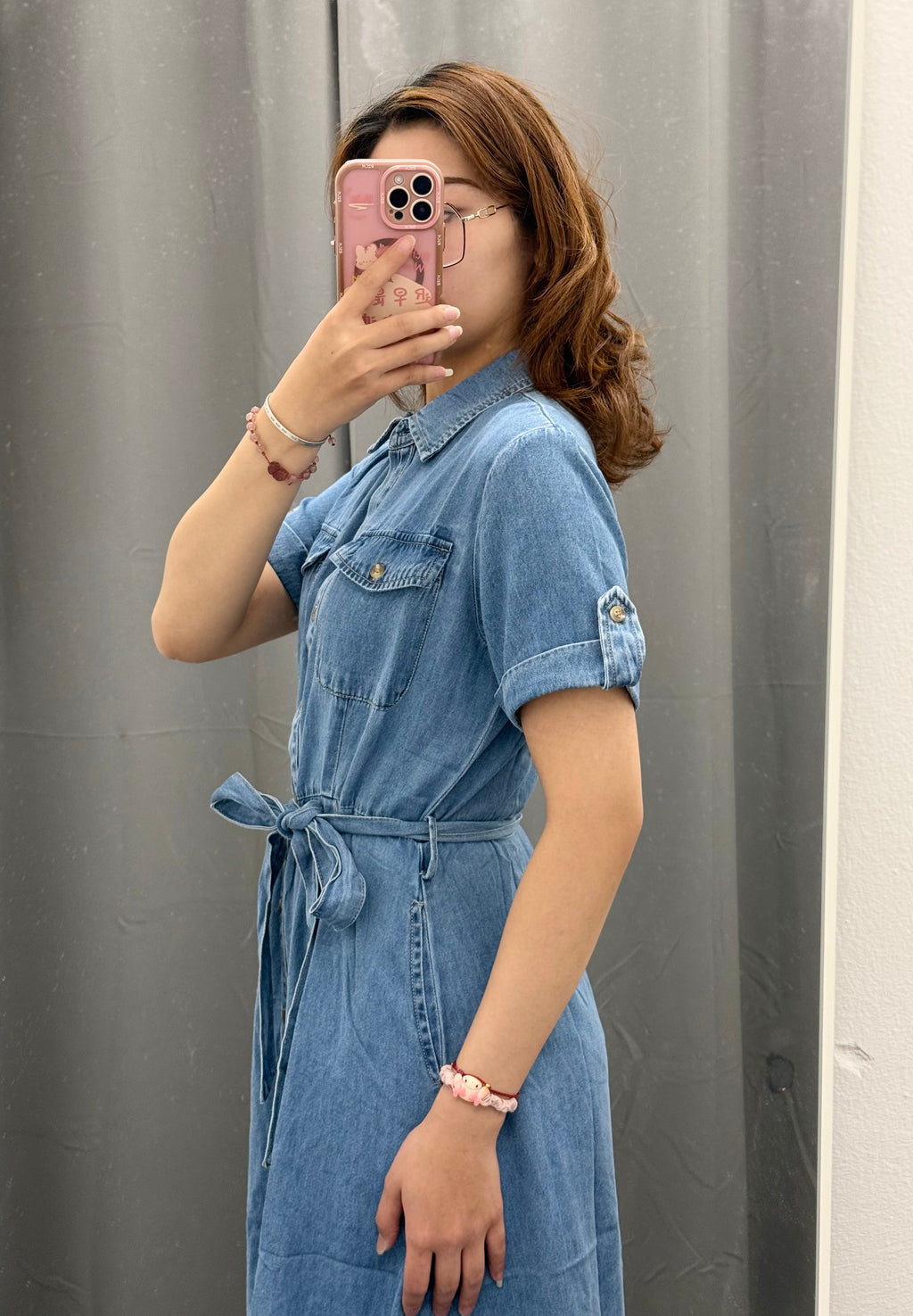 Abito denim lungo con taschini e cinta N3012 FGD MODA