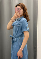 Abito denim lungo con taschini e cinta N3012 FGD MODA