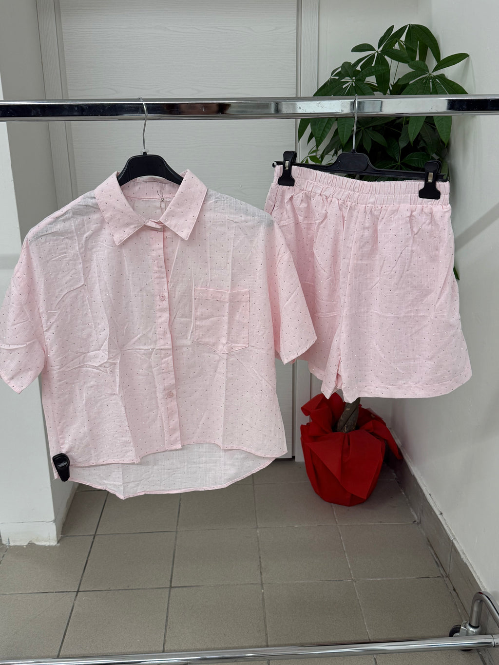 Set coordinato in cotone e lino Camicia e Pantaloncini con brillantini FGD MODA