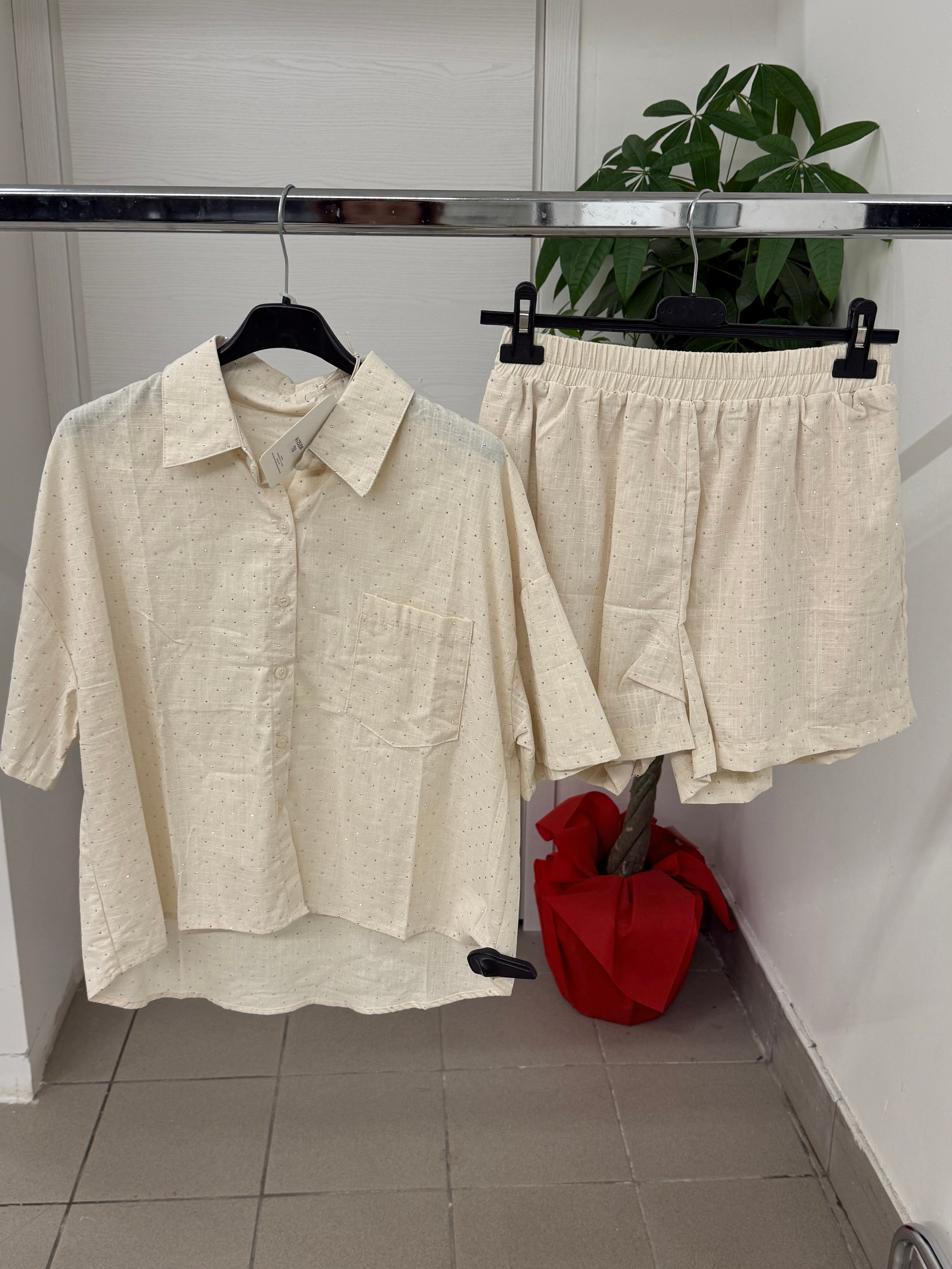 Set coordinato in cotone e lino Camicia e Pantaloncini con brillantini FGD MODA