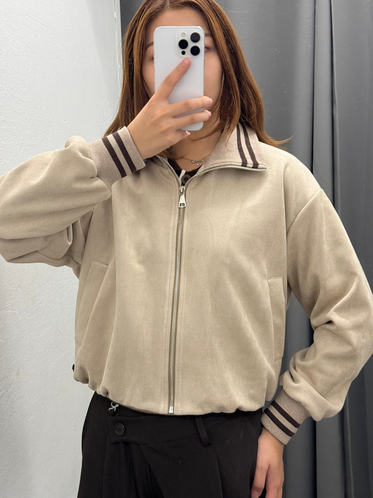 Giacca Bomber In Camoscio Con Colletto E Polsini A Righe FGD MODA