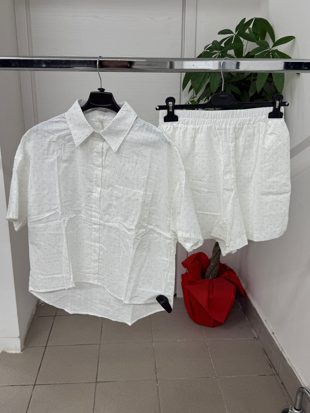 Set coordinato in cotone e lino Camicia e Pantaloncini con brillantini FGD MODA