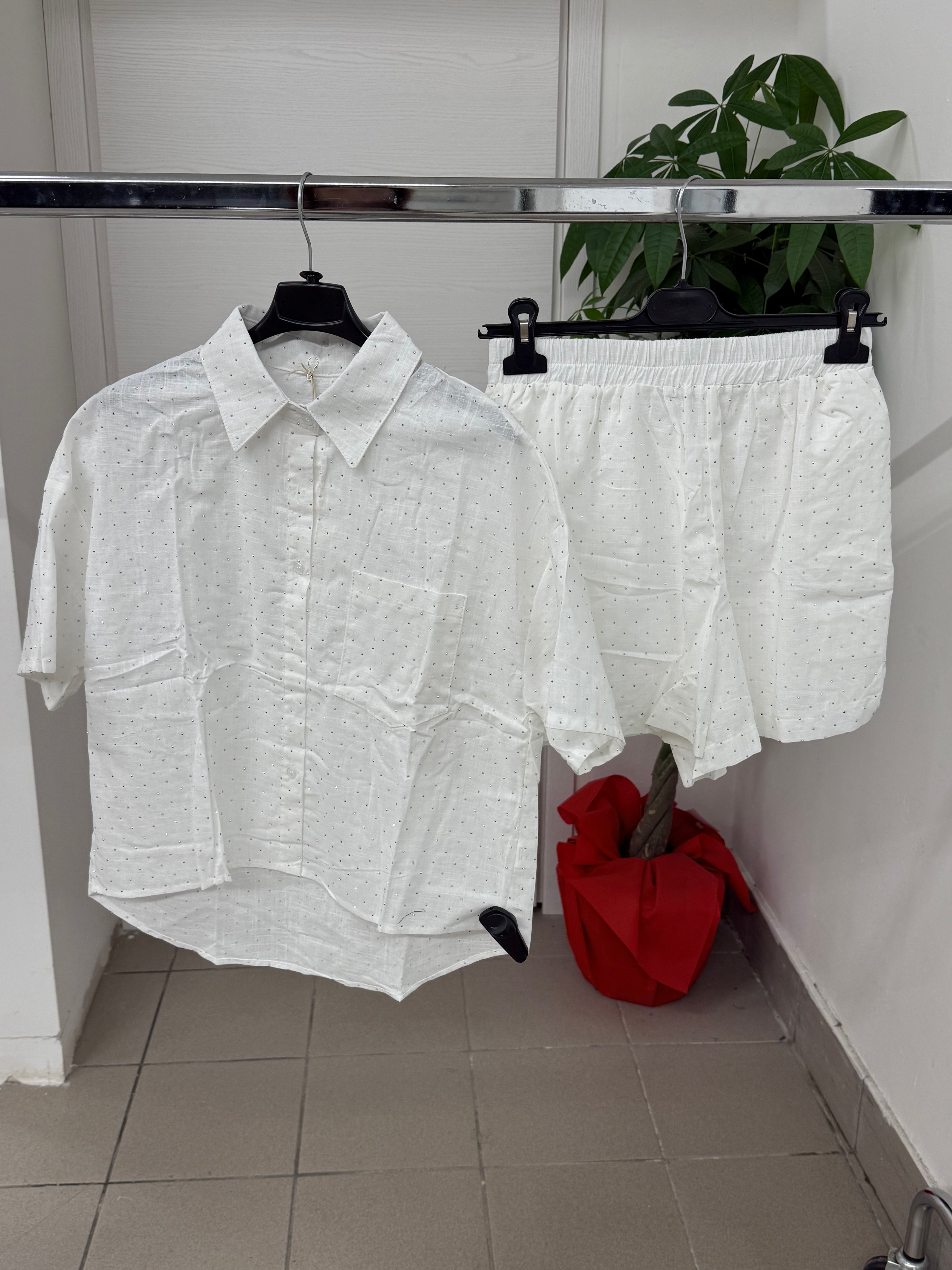 Set coordinato in cotone e lino Camicia e Pantaloncini con brillantini FGD MODA