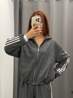 Set Coordinato A Quadretti Giacca Con Zip E Pantaloni A Palazzo Con Strisce Laterali FGD MODA