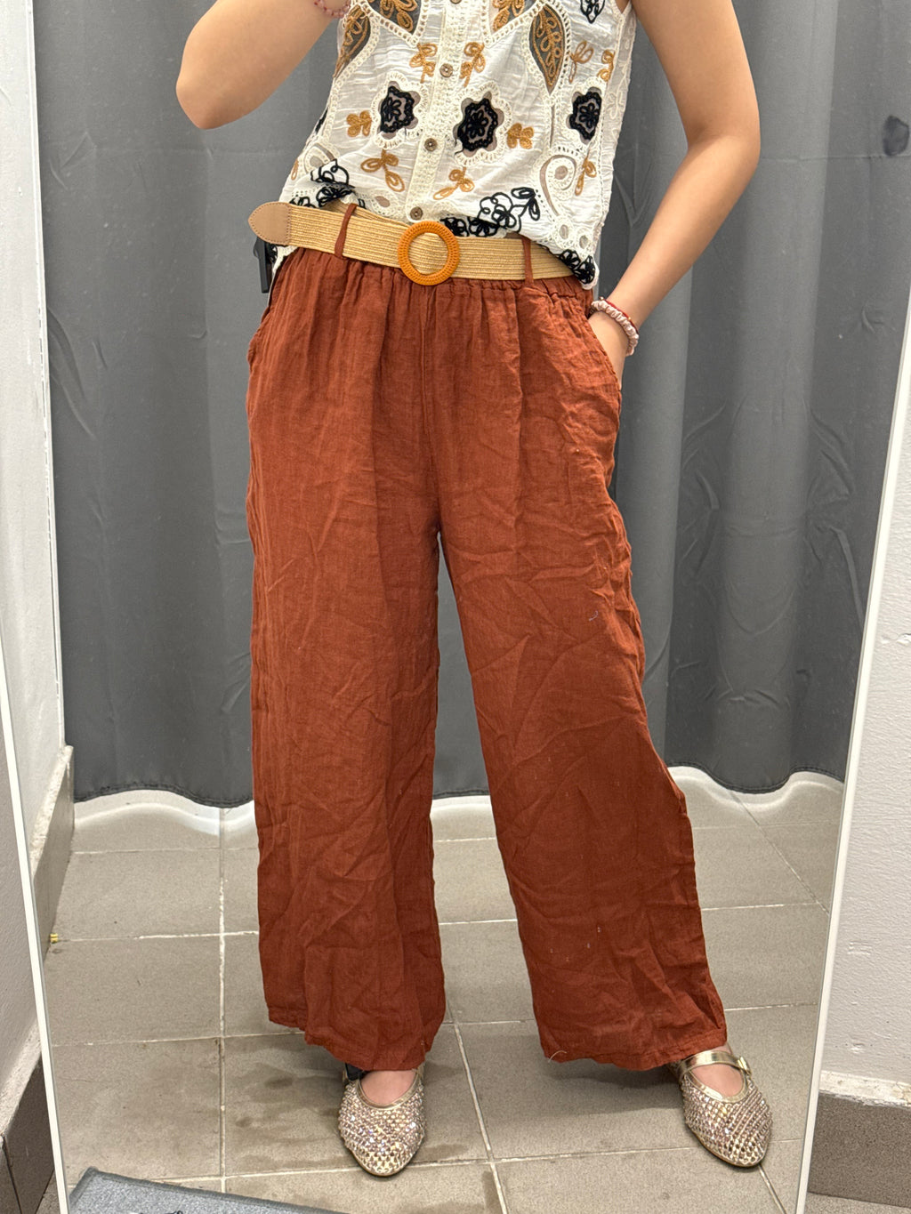 Pantaloni 100% lino a palazzo con cinta FGD MODA