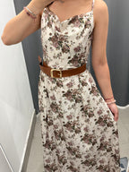 Abito Lungo Effetto Raso con Stampe Fiorate con Cinta FGD MODA