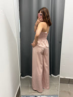 Set Coordinato Effetto Raso Top a Fascia e Pantaloni a Palazzo FGD MODA