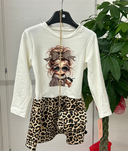 Abito corto a maniche lungo leopardato con tracolla FGD MODA