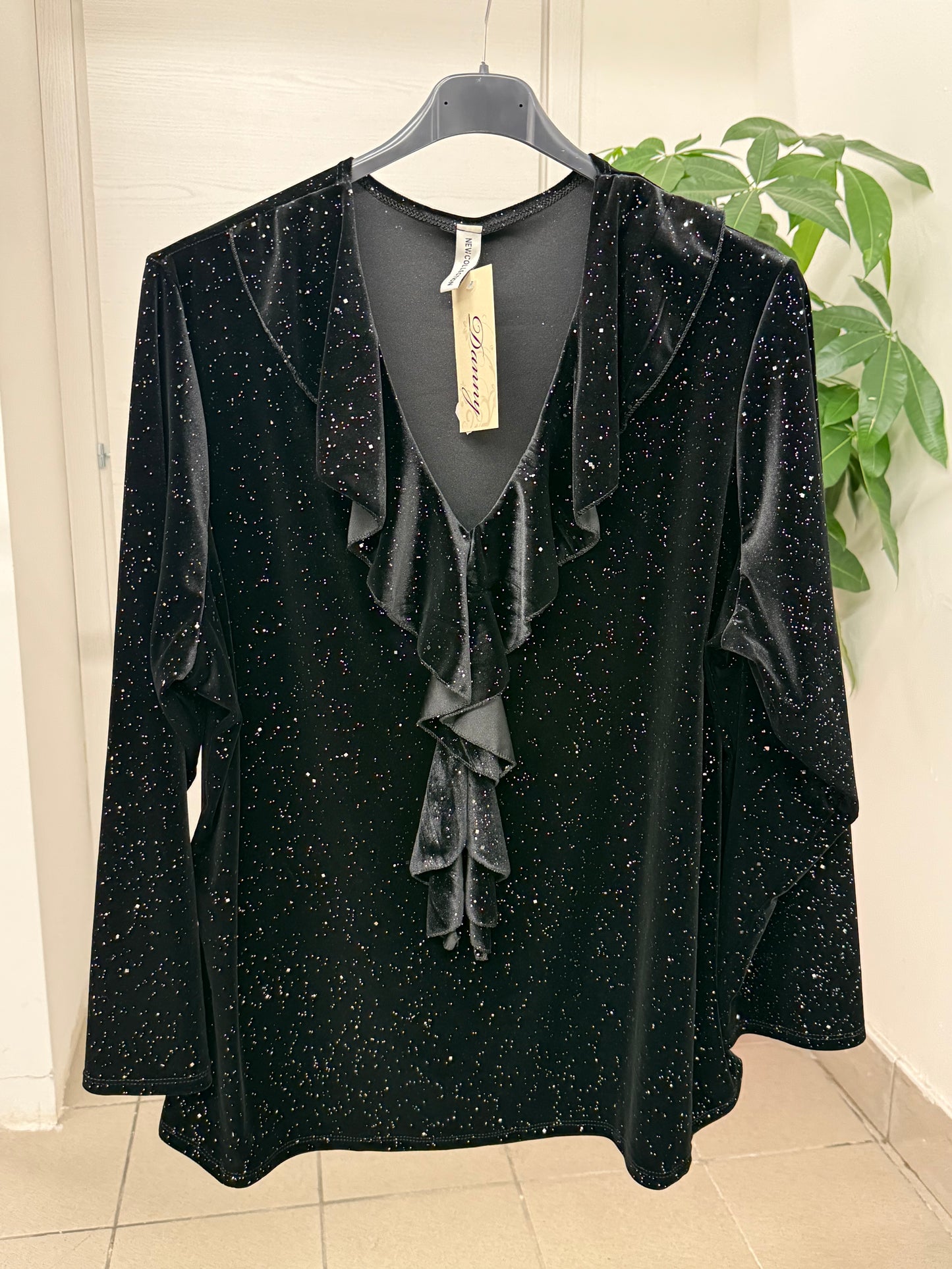 Maglietta in velluto con brillantini con rouches sullo scollo