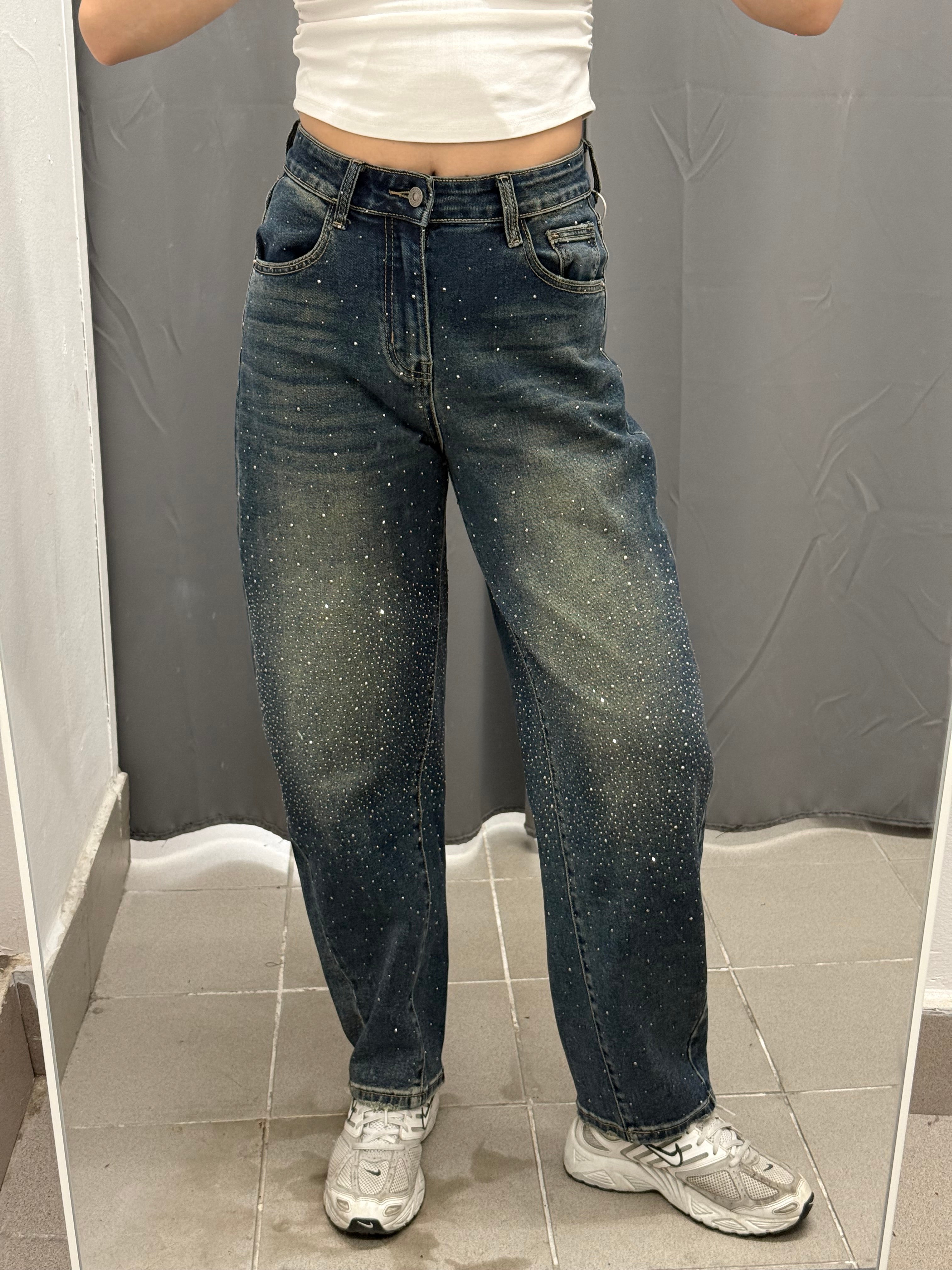 Jeans Barrel con Brillantini Fino a Taglia 52 G385 FGD MODA