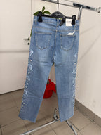Jeans a sigaretta con fiori brillantini laterali
