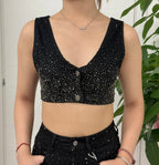 Top Denim a bretelle con brillantini FGD MODA