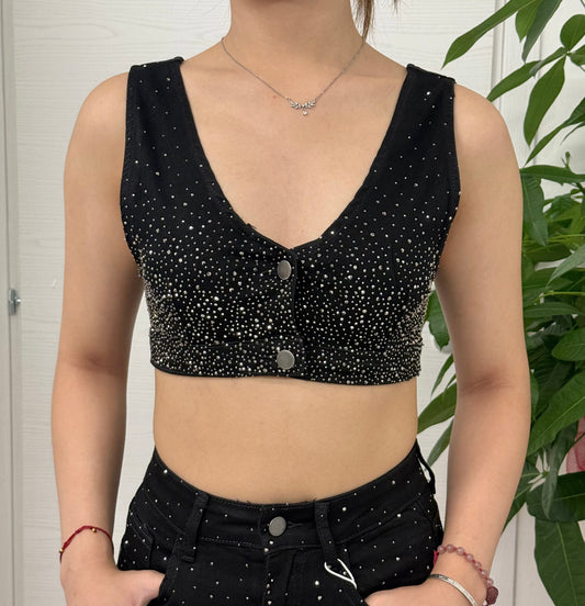 Top Denim a bretelle con brillantini FGD MODA
