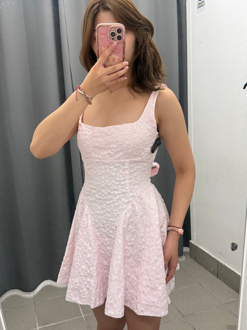 Abito Corto con Ricami Fiorati con Fiocco sul Retro FGD MODA