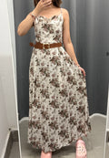 Abito Lungo Effetto Raso con Stampe Fiorate con Cinta FGD MODA