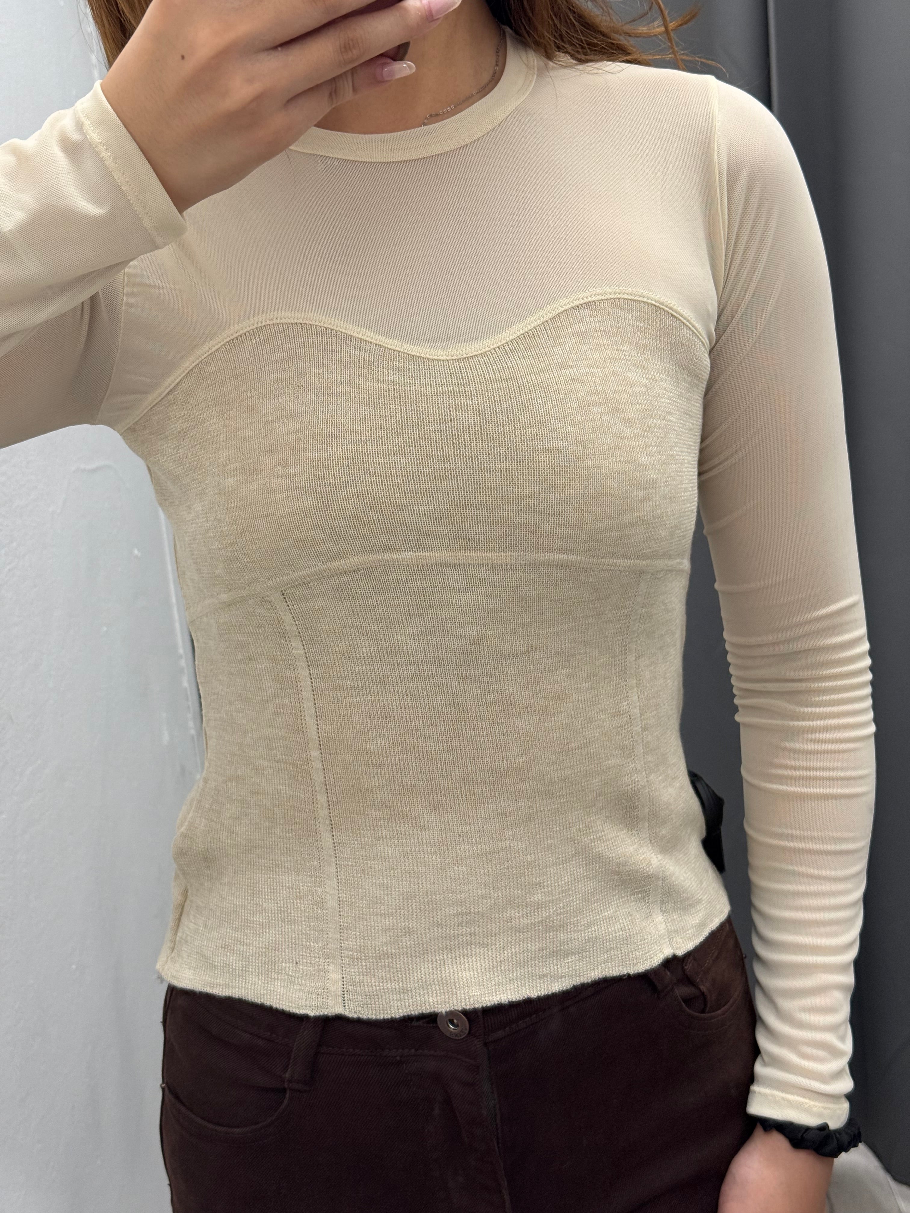 Maglietta A Costine Con Scollo E Maniche Semitrasparenti FGD MODA